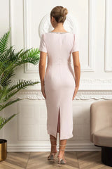 Vestido Midi Rosa Elegante – Decote Quadrado, Manga Curta com Laço, Detalhes Decorados