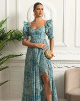 Vestido Runway – Floral Elegante com Mangas Bufantes, Babados em Camadas e Estilo Princesa para Festa