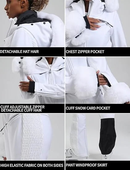 Macacão de Esqui Feminino GSOU SNOW – One Piece Slim, Impermeável, À Prova de Vento, Forrado e com Capuz de Pele