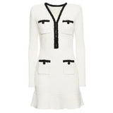 Vestido Bicolor – Decote V, Manga Longa, Slim Fit com Bolsos Bordados