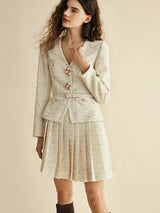 Conjunto de Tweed com Pedrarias – Blazer com Decote V e Saia Plissada de Cintura Alta