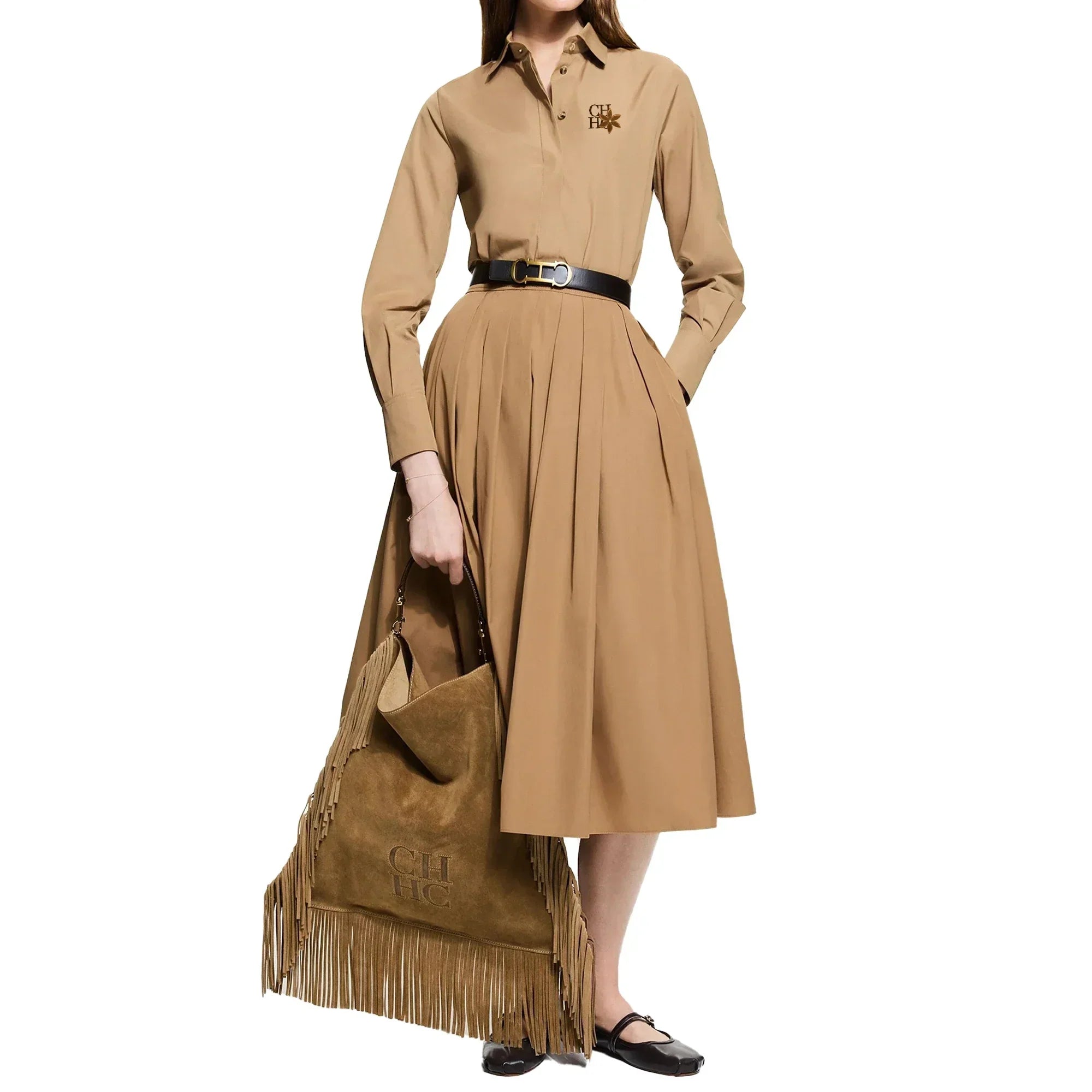 Conjunto CHCH – Camisa Bordada + Saia Midi Plissada Casual Chic