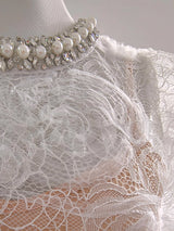 Vestido Longo – Luxo, Bordado em Renda, Detalhes com Diamantes e Cristais, Manga Curta Transparente, Modelo Midi