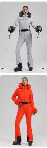 Macacão de Esqui Feminino GSOU SNOW – One Piece Slim, Impermeável, À Prova de Vento, Forrado e com Capuz de Pele