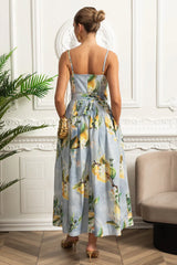 Vestido Longo Estampado – Alças Finas, Decote V, Cinto na Cintura e Saia A-Line