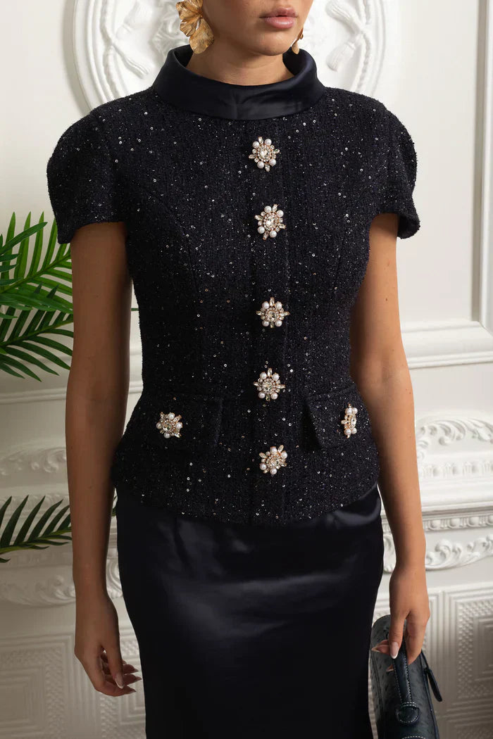 Vestido Longo – Maxi Luxo, Cristal e Cetim Tweed, Azul