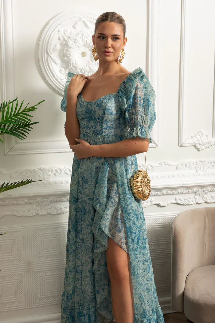 Vestido Runway – Floral Elegante com Mangas Bufantes, Babados em Camadas e Estilo Princesa para Festa