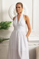 Vestido Longo em Algodão – Decote V, Alças Finas e Cintura Marcada – Estilo Oversized