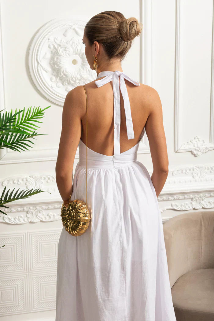 Vestido Longo em Algodão – Decote V, Alças Finas e Cintura Marcada – Estilo Oversized