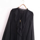 Vestido Elegante com Decote V – Babados, Manga Longa Lanterna e Detalhe em Renda com Laço