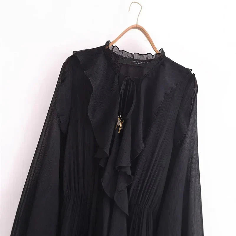 Vestido Elegante com Decote V – Babados, Manga Longa Lanterna e Detalhe em Renda com Laço