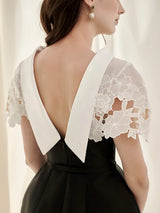 Vestido Couture em Renda – Modelo Sem Costas com Recortes em Patchwork e Cintura Alta Esculpida