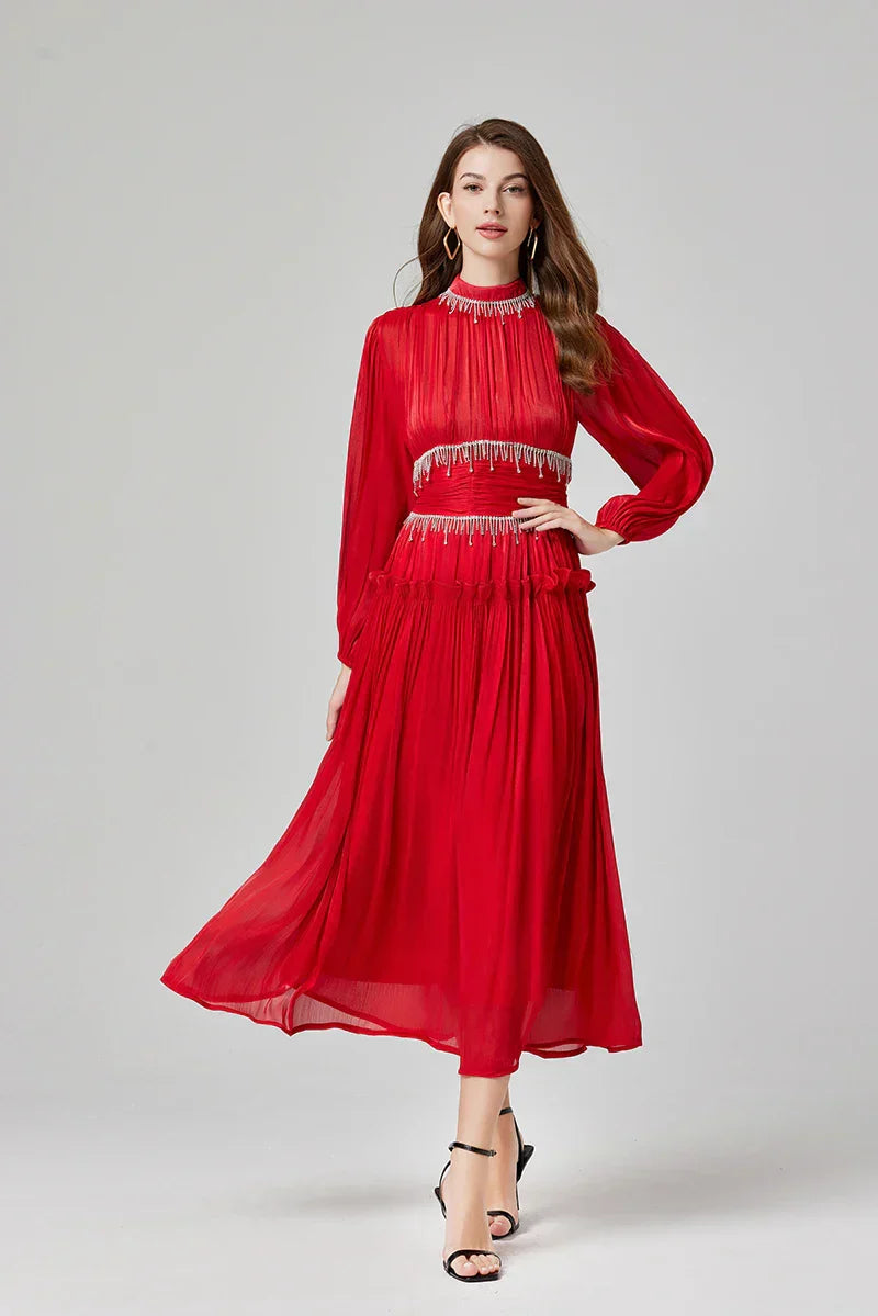 Vestido de Verão SEDA – Luxo Francês, Franjas, Pregas e cristais