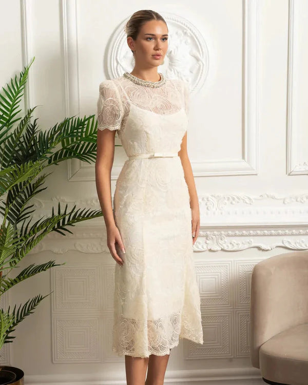 Vestido Longo – Luxo, Bordado em Renda, Detalhes com Diamantes e Cristais, Manga Curta Transparente, Modelo Midi