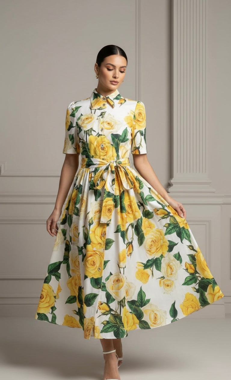 Vestido Flor de Verano Midi com Cinto