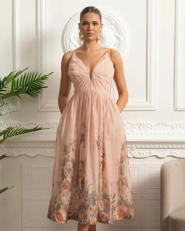 Vestido Midi  Estampa de Flores Rosa e Decote V Profundo – Alta Qualidade