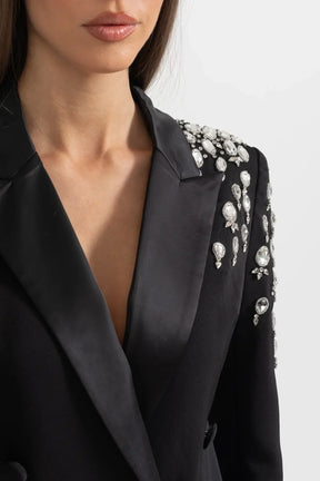 Blazer Longo com Botões Duplos e Aplique de Pedrarias – Bordado à Mão