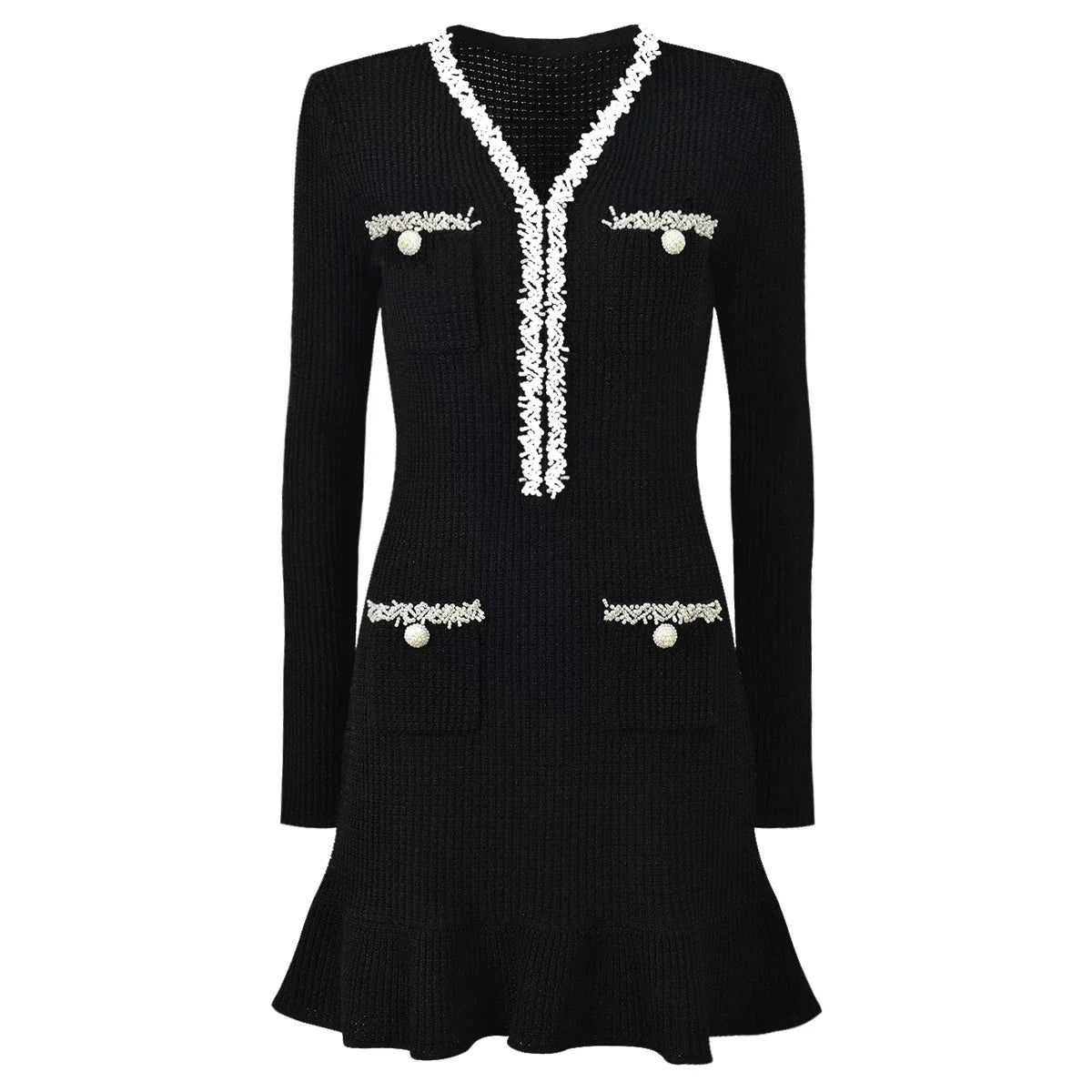 Vestido Bicolor – Decote V, Manga Longa, Slim Fit com Bolsos Bordados