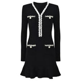 Vestido Bicolor – Decote V, Manga Longa, Slim Fit com Bolsos Bordados