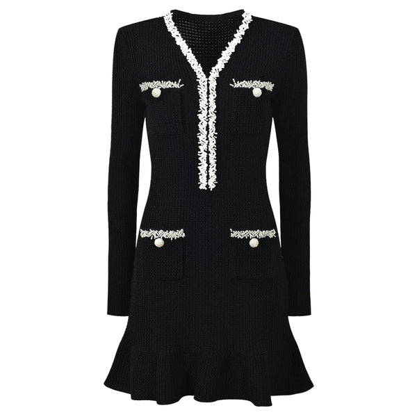 Vestido Bicolor – Decote V, Manga Longa, Slim Fit com Bolsos Bordados