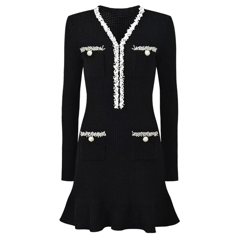 Vestido Bicolor – Decote V, Manga Longa, Slim Fit com Bolsos Bordados