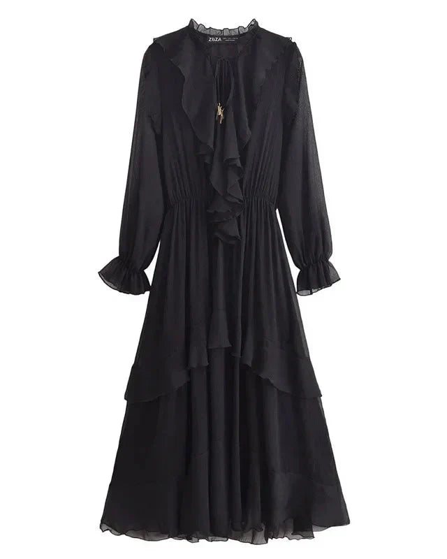 Vestido Elegante com Decote V – Babados, Manga Longa Lanterna e Detalhe em Renda com Laço