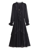 Vestido Elegante com Decote V – Babados, Manga Longa Lanterna e Detalhe em Renda com Laço