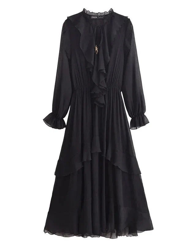 Vestido Elegante com Decote V – Babados, Manga Longa Lanterna e Detalhe em Renda com Laço