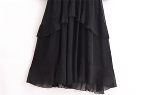 Vestido Elegante com Decote V – Babados, Manga Longa Lanterna e Detalhe em Renda com Laço