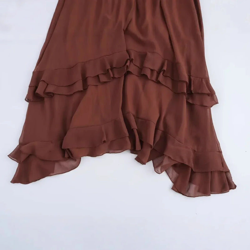 Vestido Elegante com Babados – Manga Longa, Alças Ajustáveis e Bainha Irregular