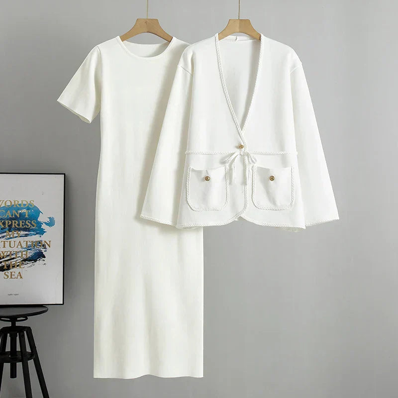 Conjunto Executivo Feminino – Tricô Elegante com Casaco Longo e Saia