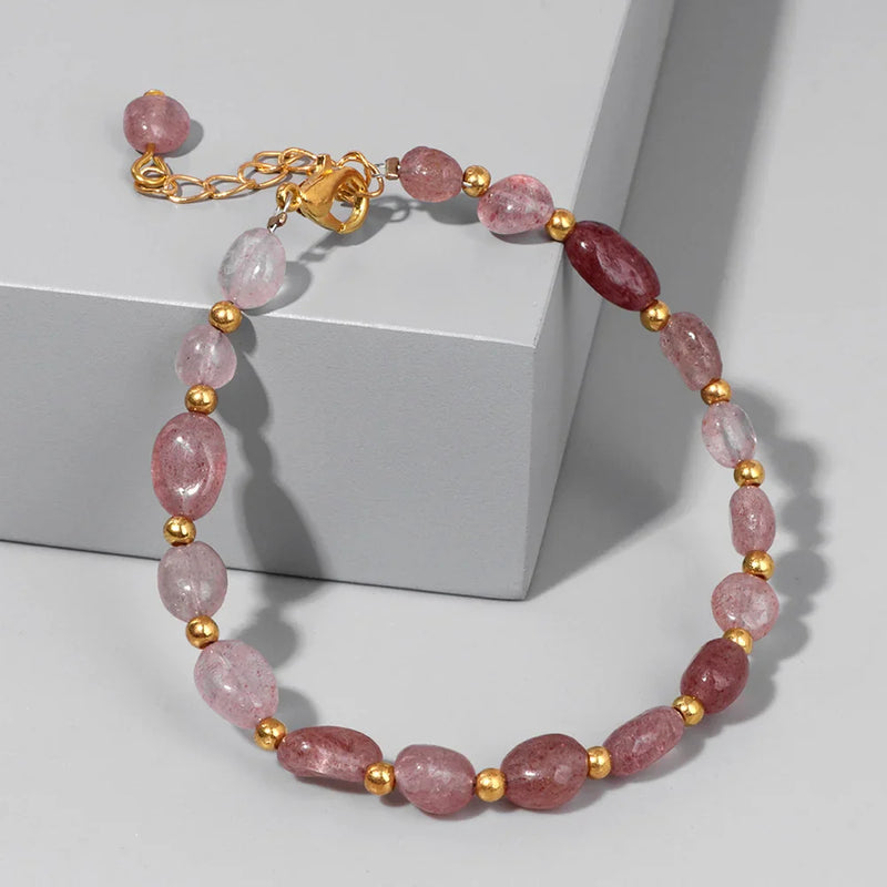 Pulseiras Pedras Naturais (Quartzo Rosa, Ágata) com Corrente Dourada, Estilo Bangle