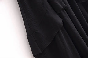 Vestido Elegante com Decote V – Babados, Manga Longa Lanterna e Detalhe em Renda com Laço