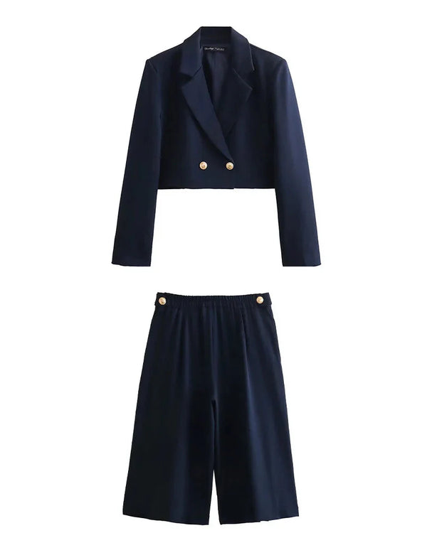 Conjunto Elegante – Blazer Curto com Botões Decorativos e Calça Pantalona