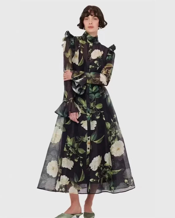 Vestido Longo Floral com Manga Flare – Elegância Atemporal