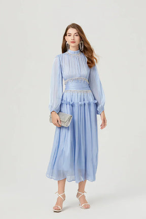 Vestido de Verão SEDA – Luxo Francês, Franjas, Pregas e cristais