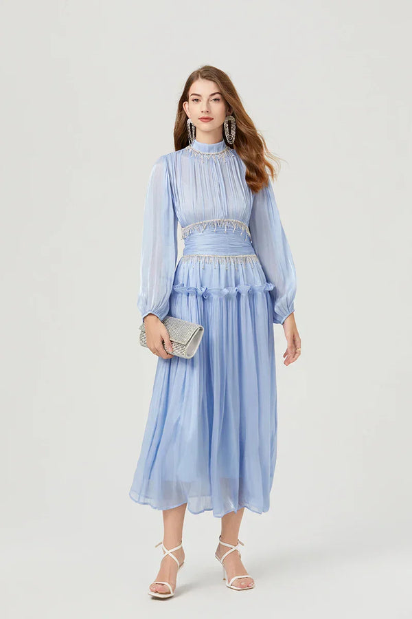 Vestido de Verão SEDA – Luxo Francês, Franjas, Pregas e cristais