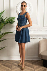 Vestido Feminino – Elegante Slim, Decote Quadrado, Sem Manga, Cintura Alta, Botões Decorativos, Estilo Sofisticado