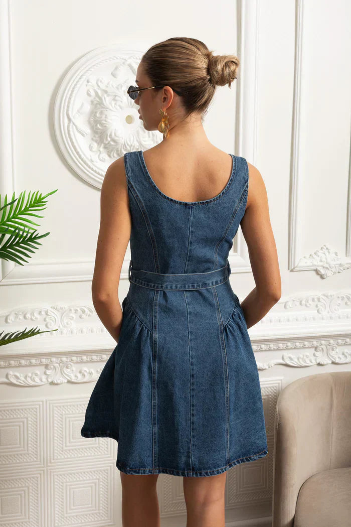 Vestido Feminino – Elegante Slim, Decote Quadrado, Sem Manga, Cintura Alta, Botões Decorativos, Estilo Sofisticado