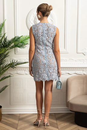 Vestido Curto  – Bordado Floral, Botões, Renda, Decote O e Sem Mangas