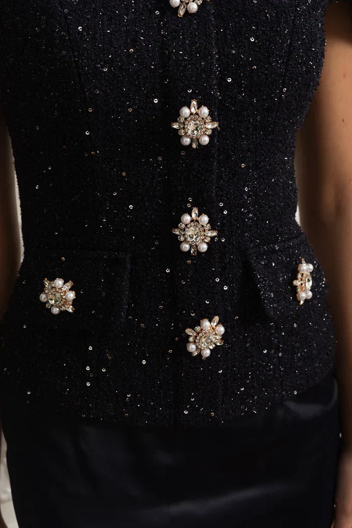 Vestido Longo – Maxi Luxo, Cristal e Cetim Tweed, Azul