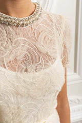 Vestido Longo – Luxo, Bordado em Renda, Detalhes com Diamantes e Cristais, Manga Curta Transparente, Modelo Midi