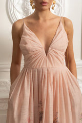 Vestido Midi  Estampa de Flores Rosa e Decote V Profundo – Alta Qualidade