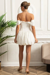 Vestido – Mini Branco, Manga Curta, Cintura Baixa, Elegante para Festa