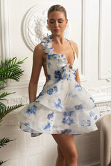 Vestido – Estilo Elegante, Decote V, Alças Finas, Sem Manga, Costas Abertas com Amarração, Estampa Moderna