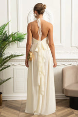 Vestido Longo – Elegante com Gola Halter, Decote com Babados, Cintura Franzida e Detalhe Floral