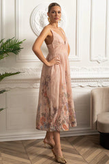 Vestido Midi  Estampa de Flores Rosa e Decote V Profundo – Alta Qualidade