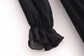 Vestido Elegante com Decote V – Babados, Manga Longa Lanterna e Detalhe em Renda com Laço