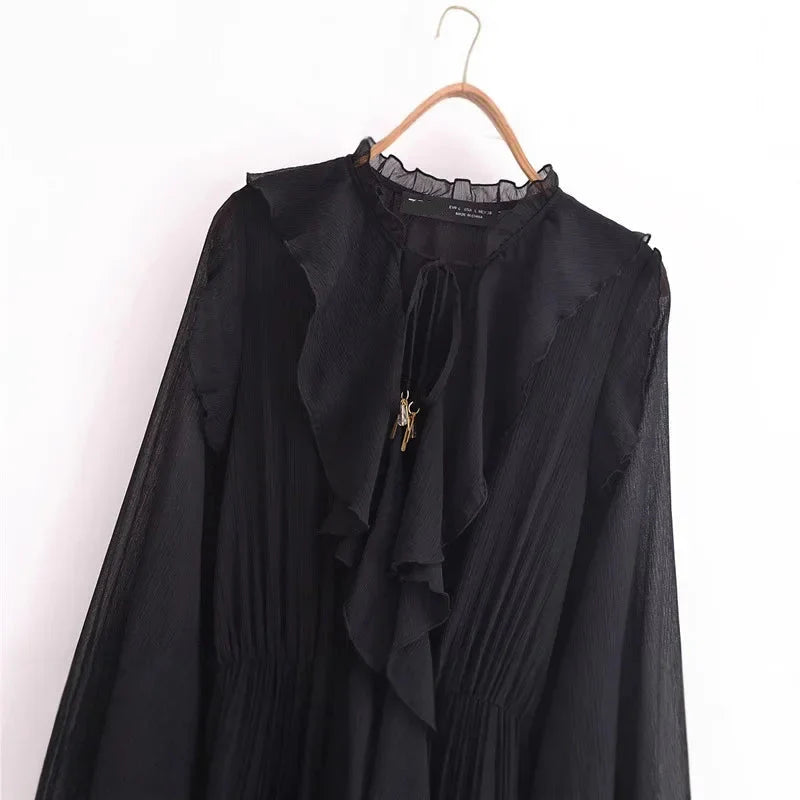 Vestido Elegante com Decote V – Babados, Manga Longa Lanterna e Detalhe em Renda com Laço