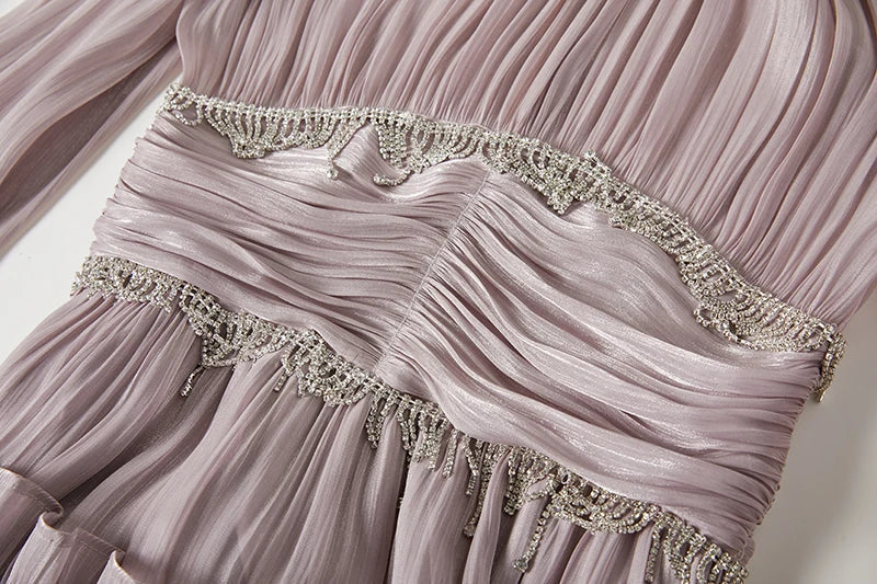 Vestido de Verão SEDA – Luxo Francês, Franjas, Pregas e cristais